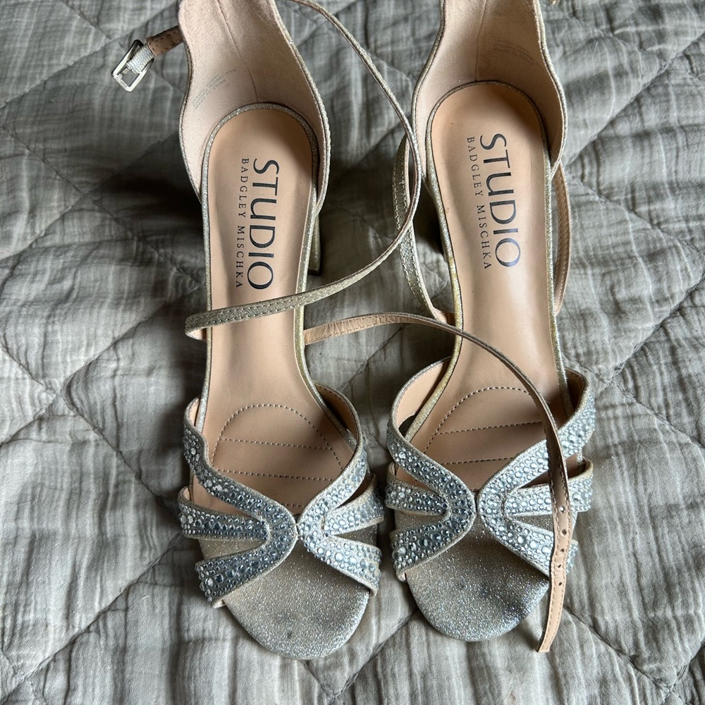 Badgley Mischka Silver Crystal Ankle-Strap Heels